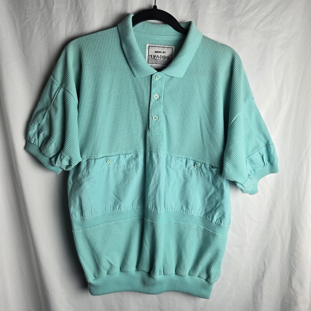 Vintage Huk-A-Poo Waffle Knit Polo Shirt Short‎ Sleeve XL Mint Green 80s Grandpa
